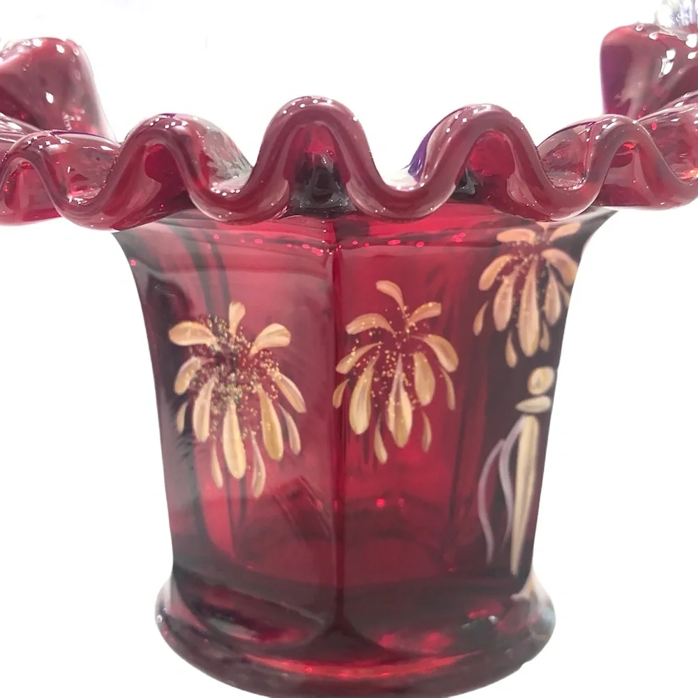 FENTON GOD BLESS AMERICA HAND PAINTED PATRIOTIC RED GLASS BASKET
